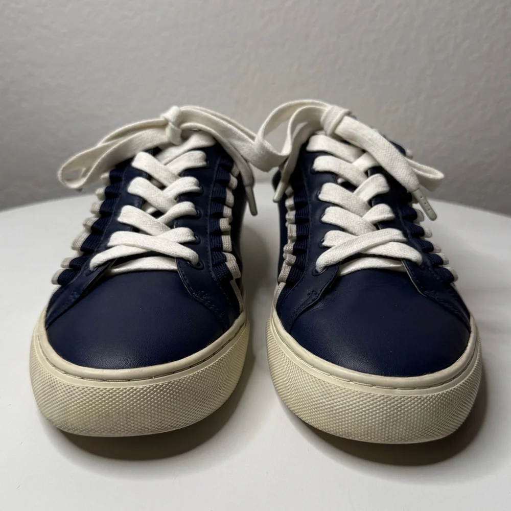 Tory Burch Sport Blue Ruffle Leather Lace Up Low Top Sneakers Logo Size 8.5